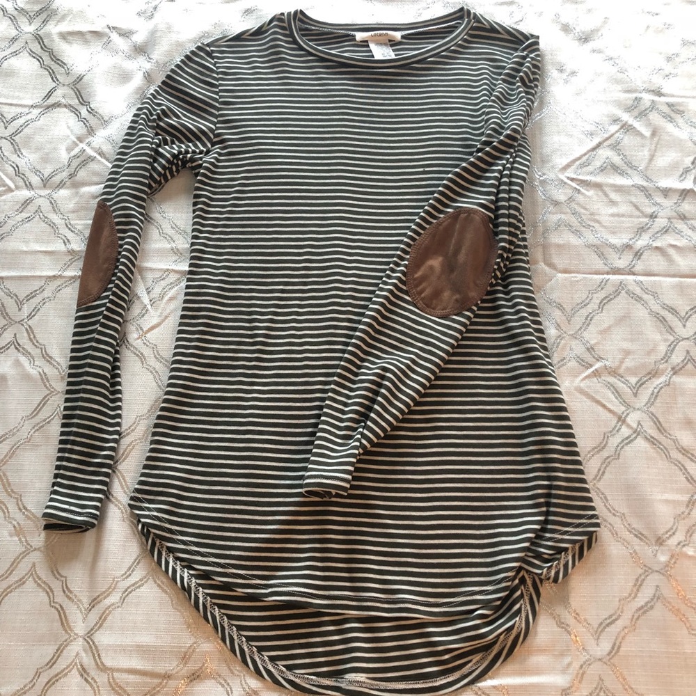 Olive green striped top with suede elbow patches